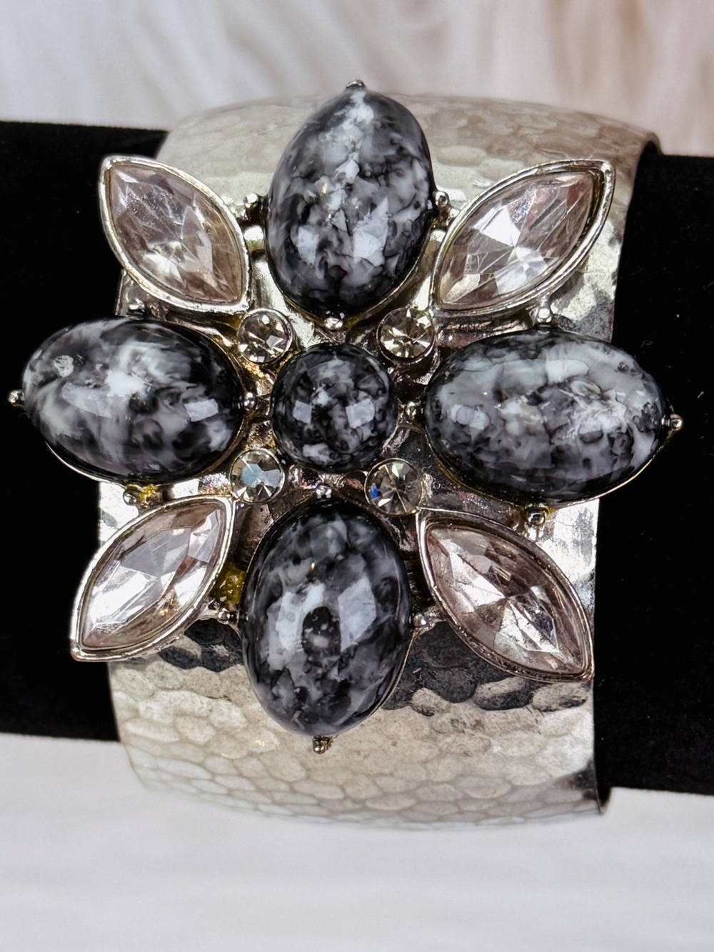Vintage aged, Silvertone oxidized, colored accent, large cuff, runway bracelet